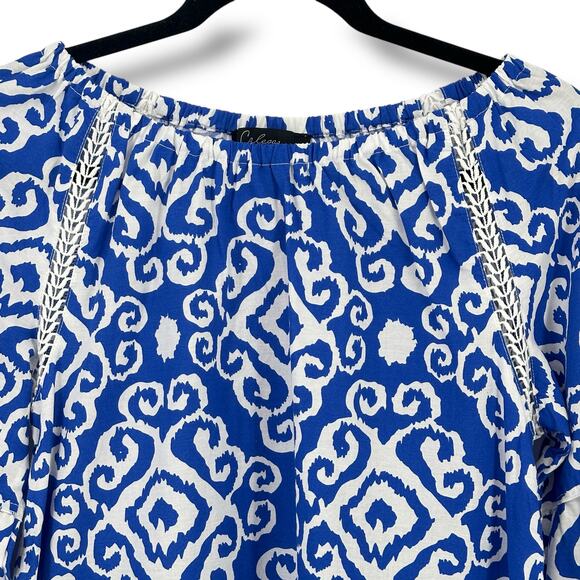 New Calessa Blue Abstract Ikat Print 3/4 Tiered Sleeve Tunic Shirt Size Small - Picture 2 of 7